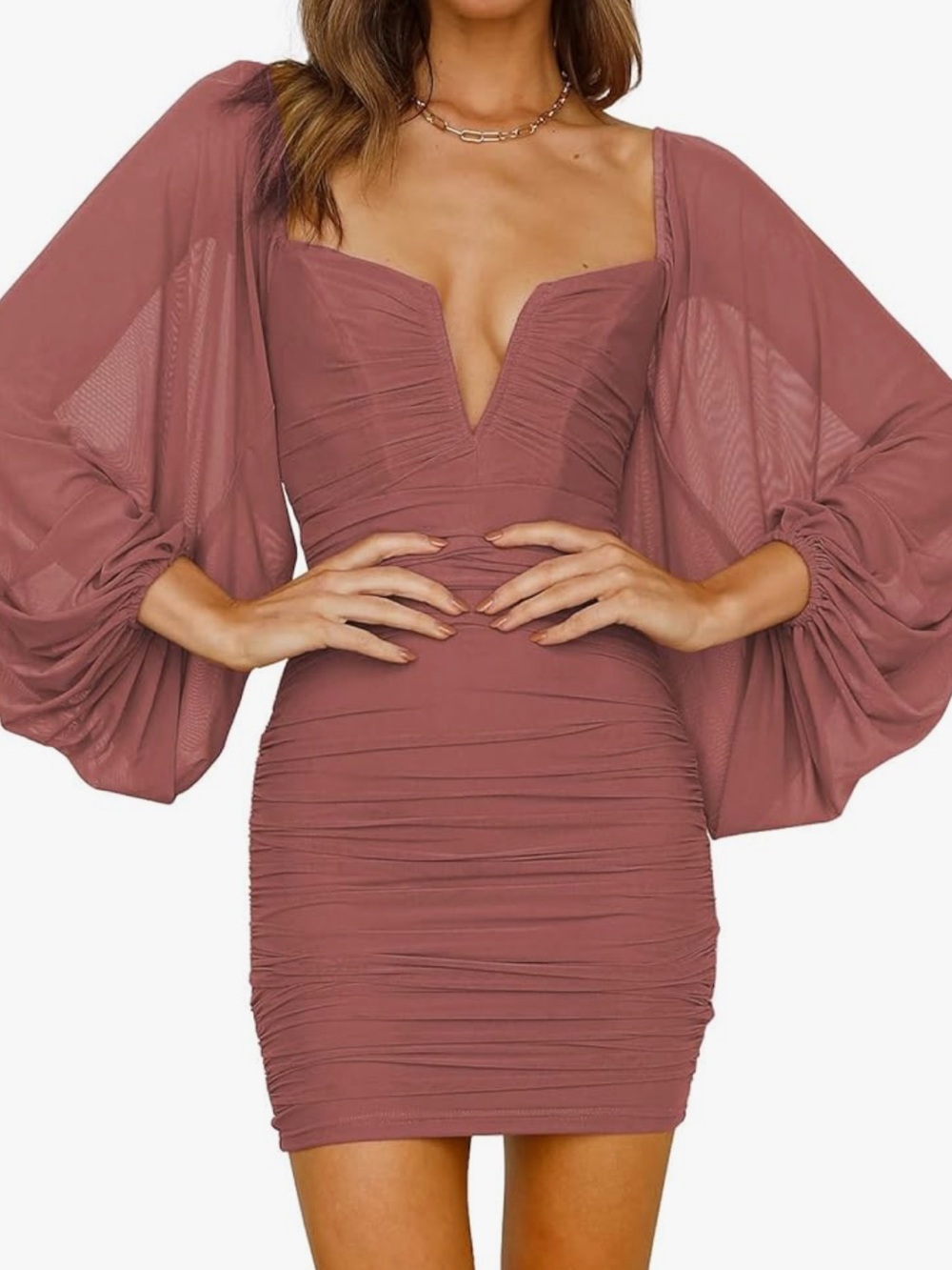 Amazon Rose-Mauve Ruched Long-Sleeve Mini Dress